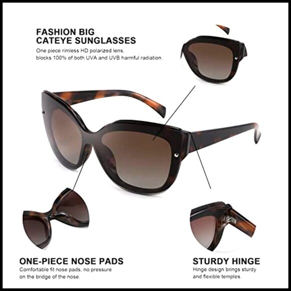 Polarized Cat Eye Sunglasses, Rimless Mirrored Lens, Oversized Retro Style